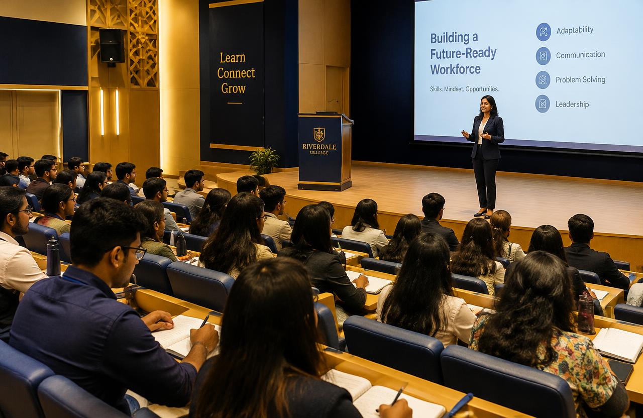 Students attending a corporate guest lecture in a college auditorium